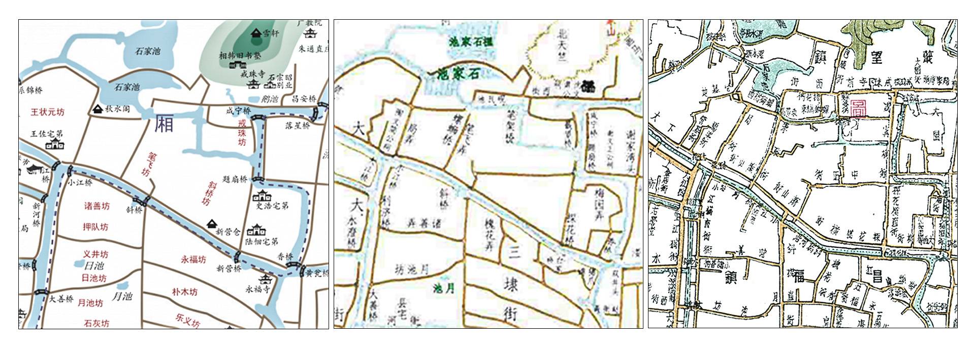 图3 绍兴各个时期老地图，从左到右：南宋时期绍兴府城图书圣故里片、光绪时期书圣故里地图、民国时期1939年书圣故里地图.jpg